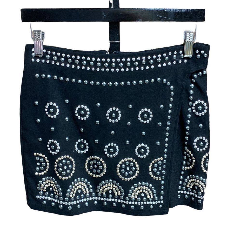 Carmin Black Beaded Faux Wrap Skirt Size Large NWOT